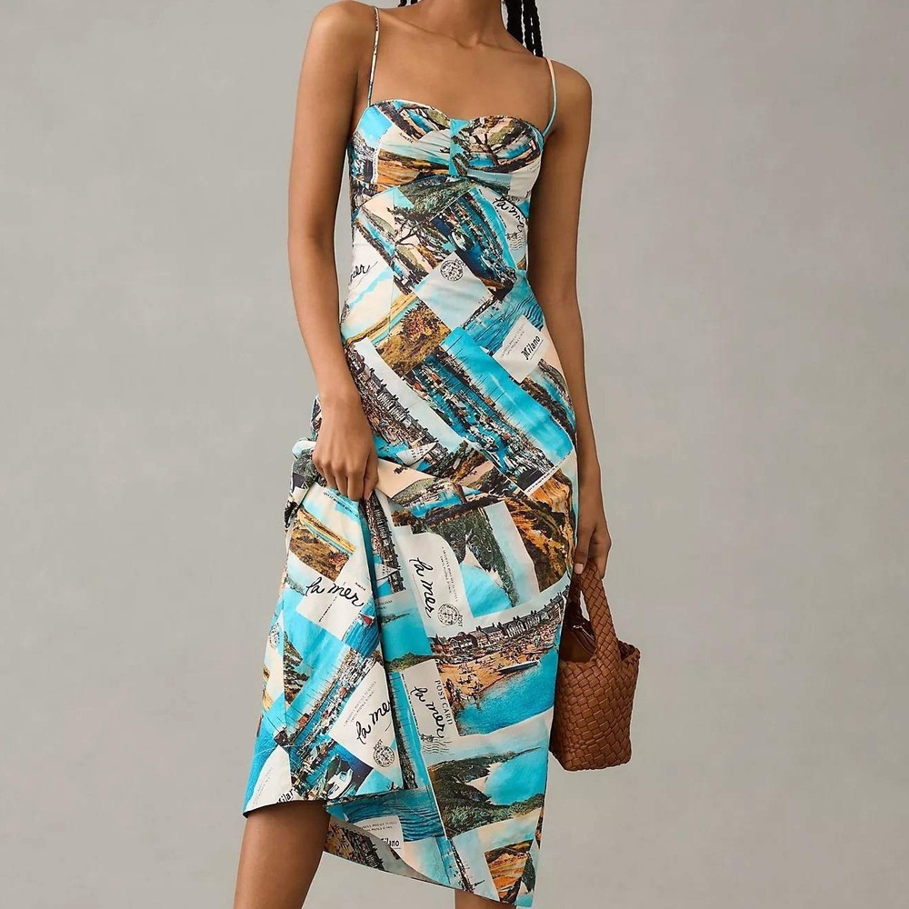 Anthropologie Maeve Printed Slip Dress "La Mer" Postcard Italian Midi Size 0